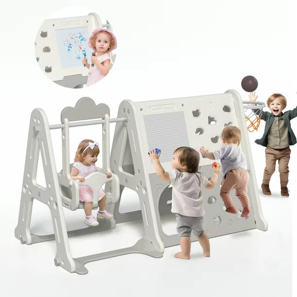 5 in 1 Triangle Climber Playset, Climbing Toys for Toddlers, Foldable Pikler Triangle Climber, Indoor Climbing Toys for Kids with Swing, Basketball Hoop