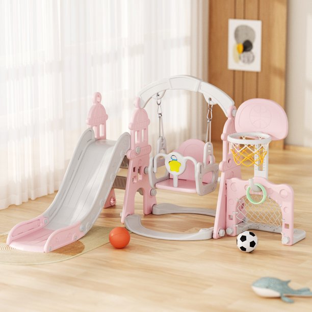6-in-1 Kids Slide and Swing Set - Perfect for Toddlers 1-6 Years - Extra-Large Indoor and Outdoor Playground Includes Slide, Swing, Basketball Hoop, and Climber
