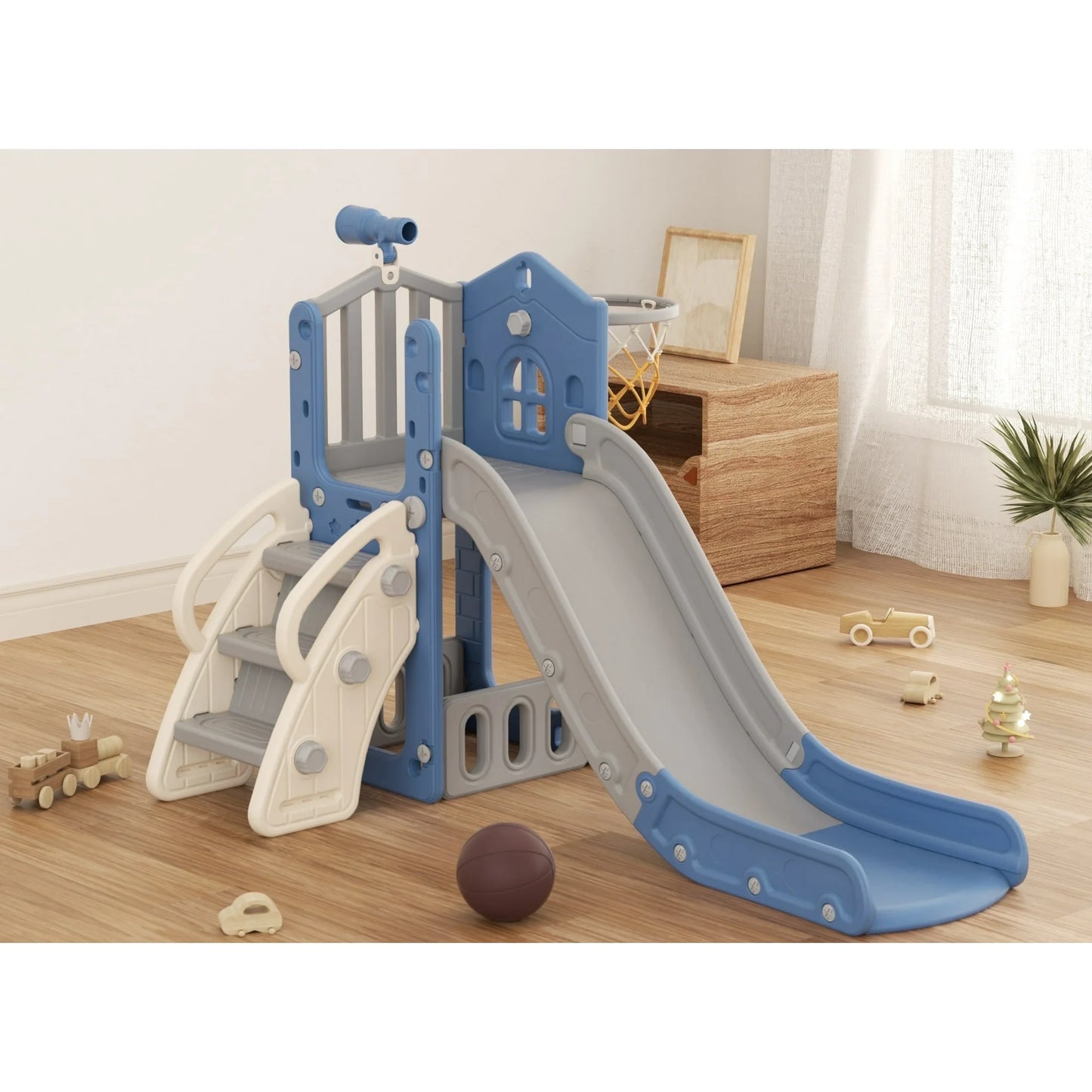 Toddler Slide, Kids Slide for Toddlers Age 1-4 with Basketball Hoop and Ball, Ring Toss, Storage Space, Outdoor Slide Playset Toddler Indoor Playground