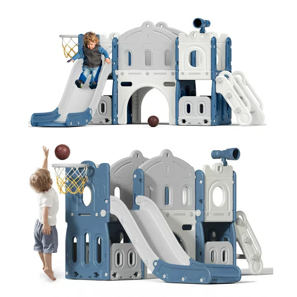 8 in 1 Kids Slide Set with Climber, Toddler Climber Slide Play Set with Basketball Hoop, Tunnel, Toddler Playground Outdoor Indoor layground Slide Playset Age 1+