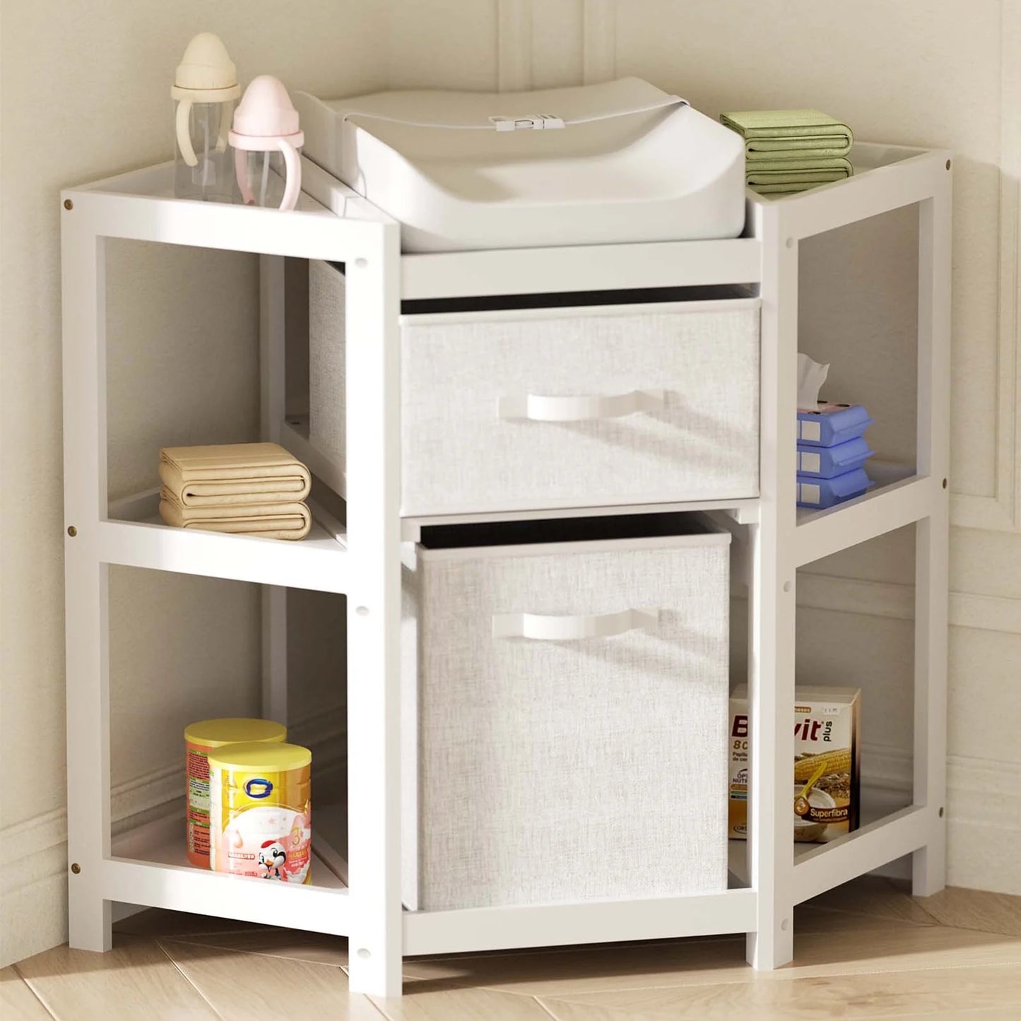 Children Changing Table with Pad, Corner Diaper Changing Table with Laundry Hamper, Storage Bin, Contoured Pad for Baby - Gray