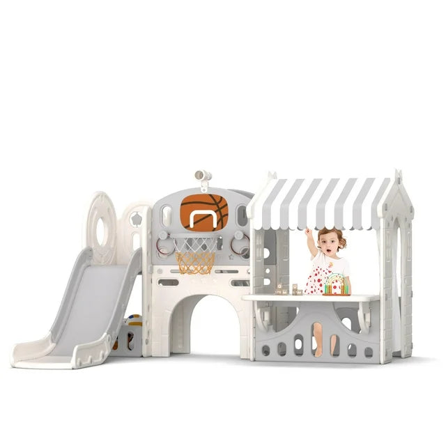 Kids Slide with Kids Foldable Playhouse, Toddler Climber Slide Play Set with Basketball Hoop, Tunnel, Telescope, Portable Game Cottage
