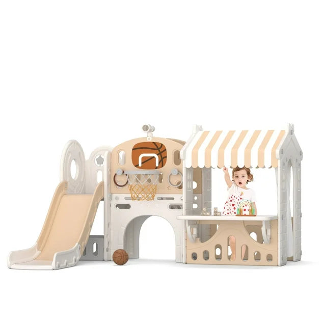 Kids Slide with Kids Foldable Playhouse, Toddler Climber Slide Play Set with Basketball Hoop, Tunnel, Telescope, Portable Game Cottage