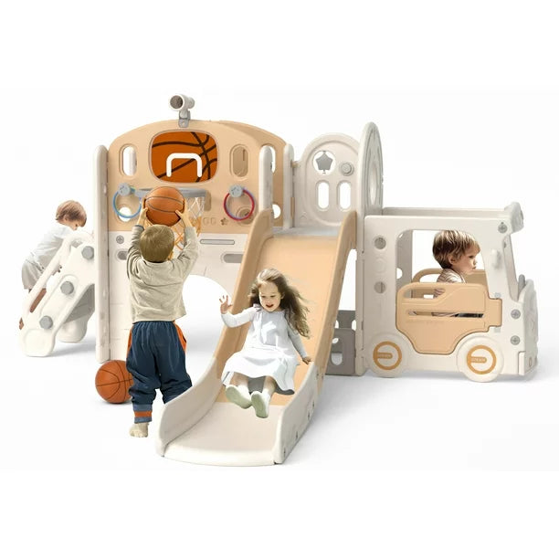 Kids Slide Set with Climber, Toddler Climber Slide Play Set with Basketball Hoop, Tunnel, Bus Playhouse Outdoor Indoor Slide Playset Age 1-6