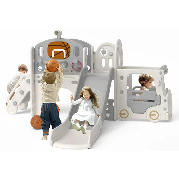 Kids Slide Set with Climber, Toddler Climber Slide Play Set with Basketball Hoop, Tunnel, Bus Playhouse Outdoor Indoor Slide Playset Age 1-6