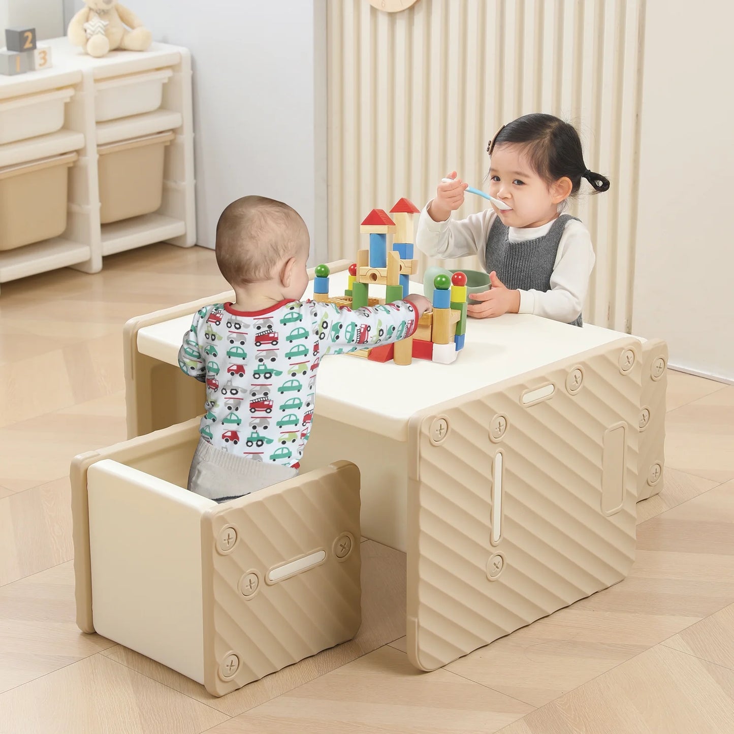 KORIMEFA Kids Table and 2 Chairs Set, Plastic Multifunctional Activity Table for Toddlers, Ideal for Arts & Crafts, Snack Time & Homework Gift for Boy & Girl - ASTM Certified, Grey