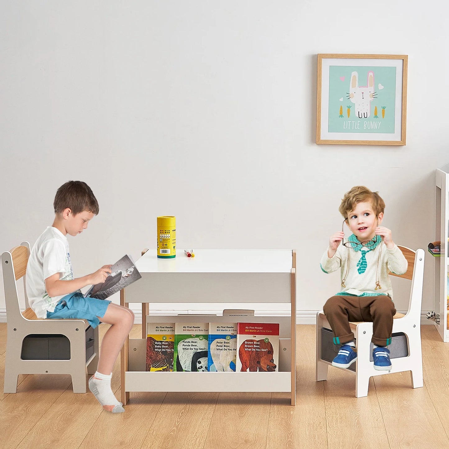 KORIMEFA Kids Table and Chair Set, 3 in 1 Wooden Activity Table, Toddler w/ 2 in 1 Tabletop, Storage Space,Christmas Gift for Boy & Girl
