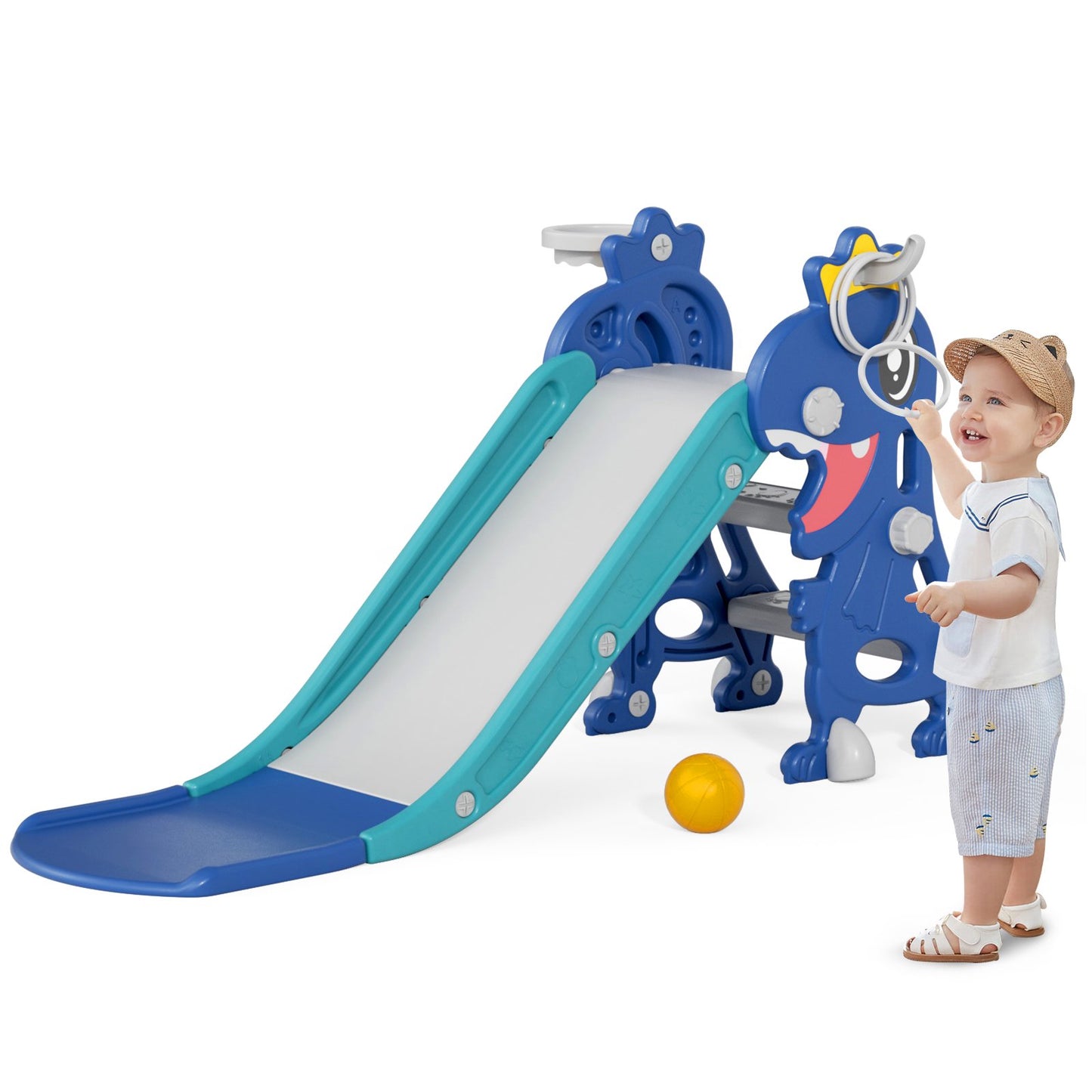 Toddler Slide Kids Slide with Basketball Hoop for Baby, Backyard Baby Playground Kids Slide