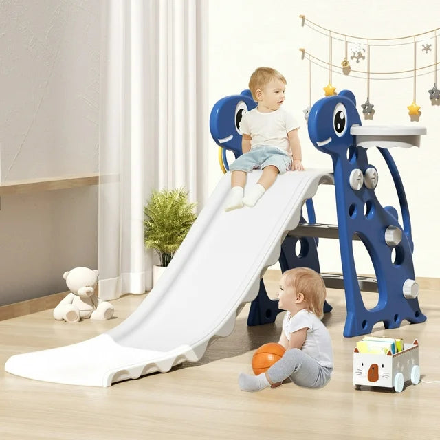 KORIMEFA Toddler Slide, Kids Indoor Outdoor Slide, Baby Slide Playset with Basketball Hoop & Ring Toss, Foldable Baby Plastic Slide, Outdoor Playground Climber Slide for Kids Age 1-3锛孊lue