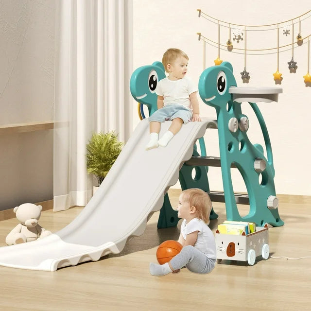 KORIMEFA Toddler Slide, Kids Indoor Outdoor Slide, Baby Slide Playset with Basketball Hoop & Ring Toss, Foldable Baby Plastic Slide, Outdoor Playground Climber Slide for Kids Age 1-3锛孊lue