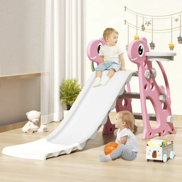 KORIMEFA Toddler Slide, Kids Indoor Outdoor Slide, Baby Slide Playset with Basketball Hoop & Ring Toss, Foldable Baby Plastic Slide, Outdoor Playground Climber Slide for Kids Age 1-3锛孊lue