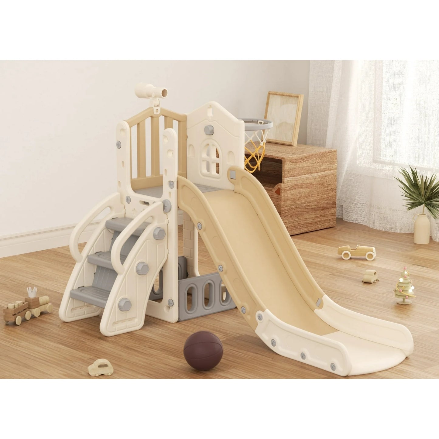 Toddler Slide, Kids Slide for Toddlers Age 1-4 with Basketball Hoop and Ball, Ring Toss, Storage Space, Outdoor Slide Playset Toddler Indoor Playground
