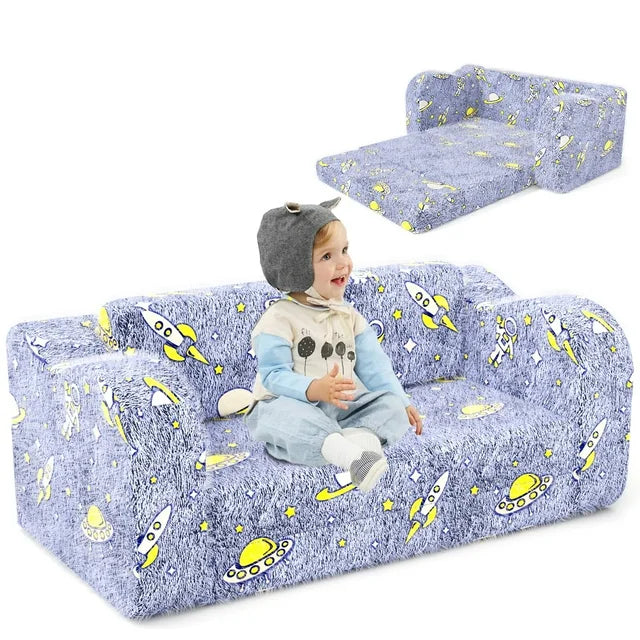 KORIMEFA Kids Sofa, 2-in-1 Toddler Comfy Flip Open Couch/Sleeper, with Star Pillow , Convertible Sofa to Lounger for Girls and Boys, 1-Seat,Blue
