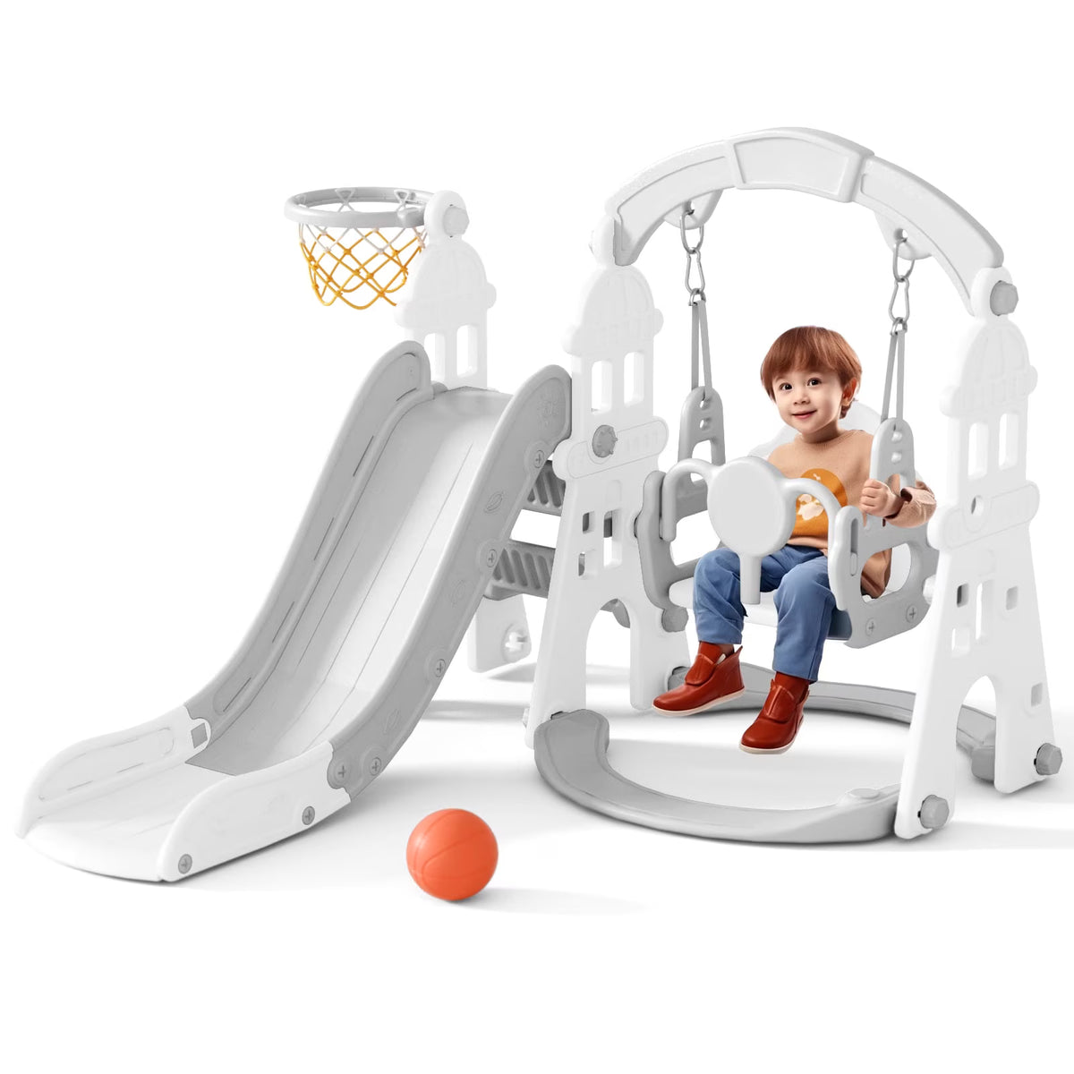 XJD 4-in-1 Kids Slide and SXJD 4-in-1 Kids Slide and Swing Set - Perfect for Toddlers 1-5 Years - Extra-Large Indoor and Outdoor Playground - Includes Slide, Swing, Basketball Hoop, and Climber