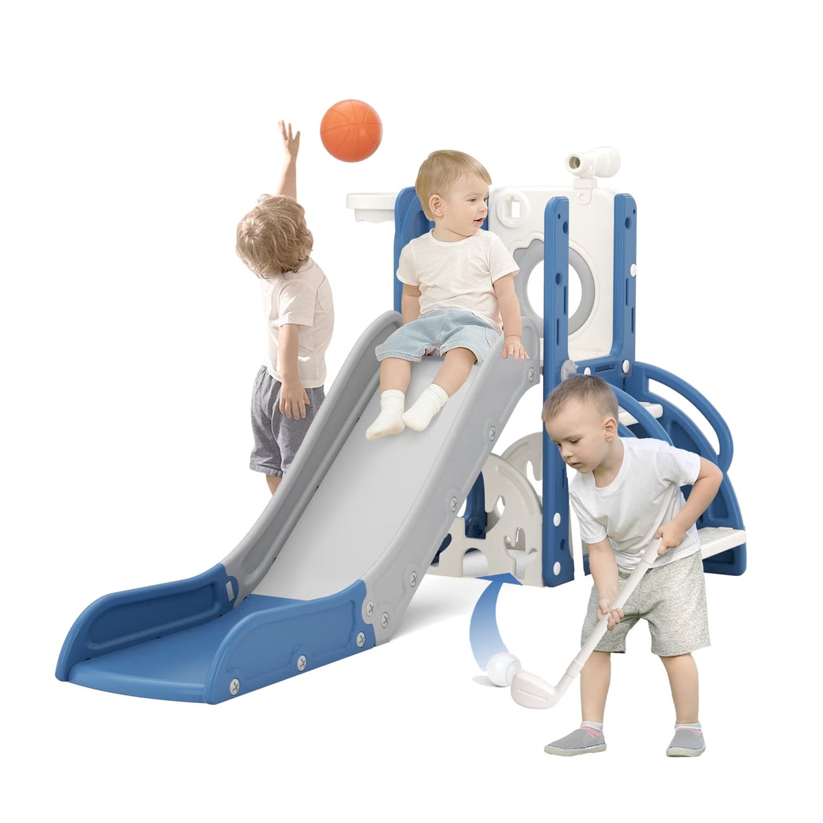 XJD 7-in-1 Toddler Slide for 1-3 Years Old, Indoor & Outdoor Kids Plastic Slide with Basketball Hoop & Upgraded Golf Game