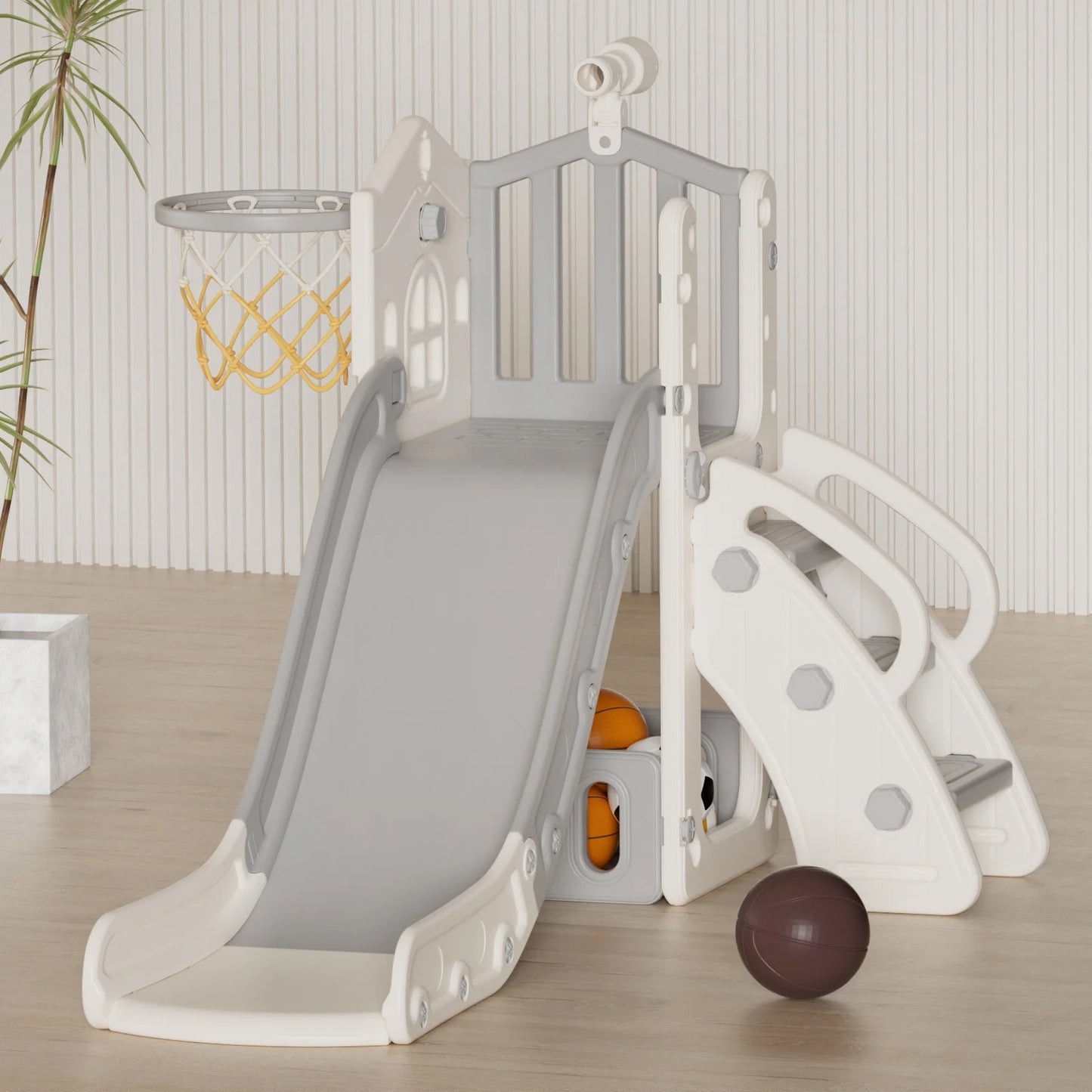 XJD 5 in 1 Toddler Slide, Kids Climber Slide with Basketball Hoop and Ball, Indoor Outdoor Playset for Toddlers Age 1-4 (Coffee)