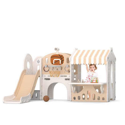 YUFU 8 in 1 Toddler Slide Set, Kids Slide for Toddlers Age 1+, Toddler Climber Slide Play Set With Basketabll Hoop and Ball, Outdoor Indoor Playground for Toddlers 1-3(Coffee+Playhouse)