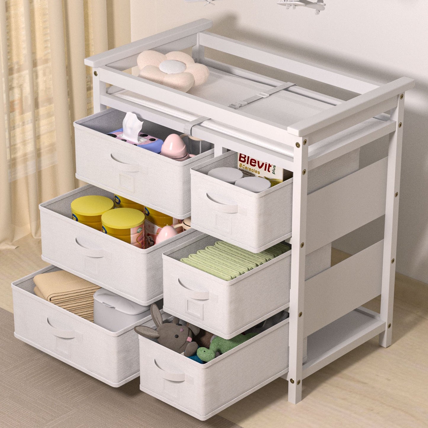 Baby Changing Table with 6 Storage Baskets, Can be Used as a Changing Table Dresser with Changing Table Top, a Baby Changing Station, a Diaper Changing Station (beige)