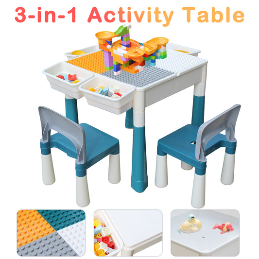 1XJD 7 in 1 Multi Kids Activity Table Set with 2 Chairs and 100 Pcs Large Size Blocks Compatible Red White
