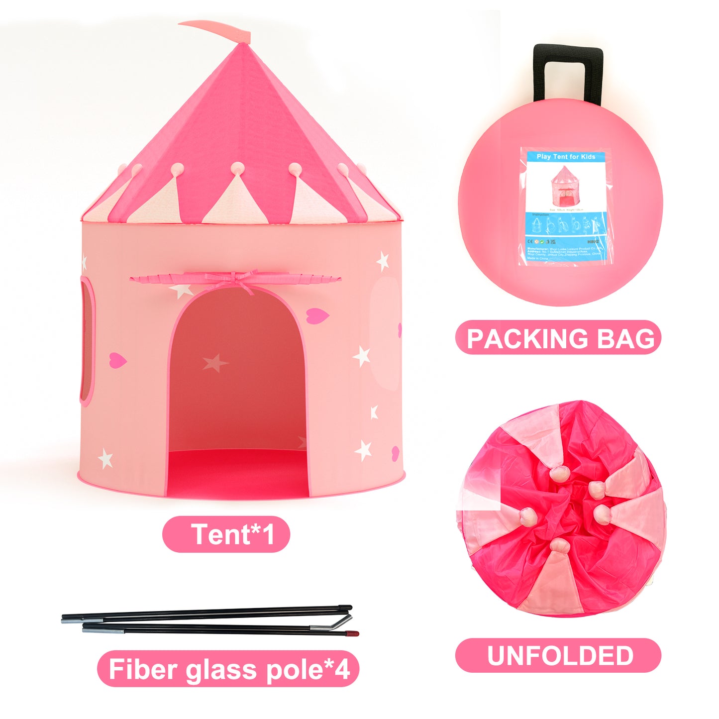 Princess Castle Play Tent with Glow in The Dark Stars, Foldable Pink Pop up Kids Tent Playhouse Toys, for Indoor Outdoor Toddler Children Girls Gifts Tent Girls Toys,Pink