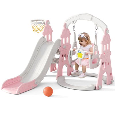 XJD 4-in-1 Kids Slide and Swing Set for Toddler Age 1-5, Extra Large Baby Indoor Outdoor Activity Playground with Basketball Hoop and Climber Collection, Pink