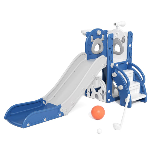 KORIMEFA  7-in-1 Toddler Slide Set, Outdoor Indoor Playset Slide for Kids Age 1-3 with Golf, Basketball Hoop, Backyard Playground Climbing Theme Baby Slide Toy, Blue