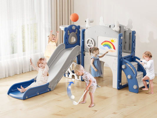 KORIMEFA 11 in 1 Toddler Slide, Kid Slide for Toddlers Age 1-3 with Golf Set, Ring Toss, Basketball Hoop, Drawing Board and Telescope, Indoor Outdoor Playset Playground, Blue