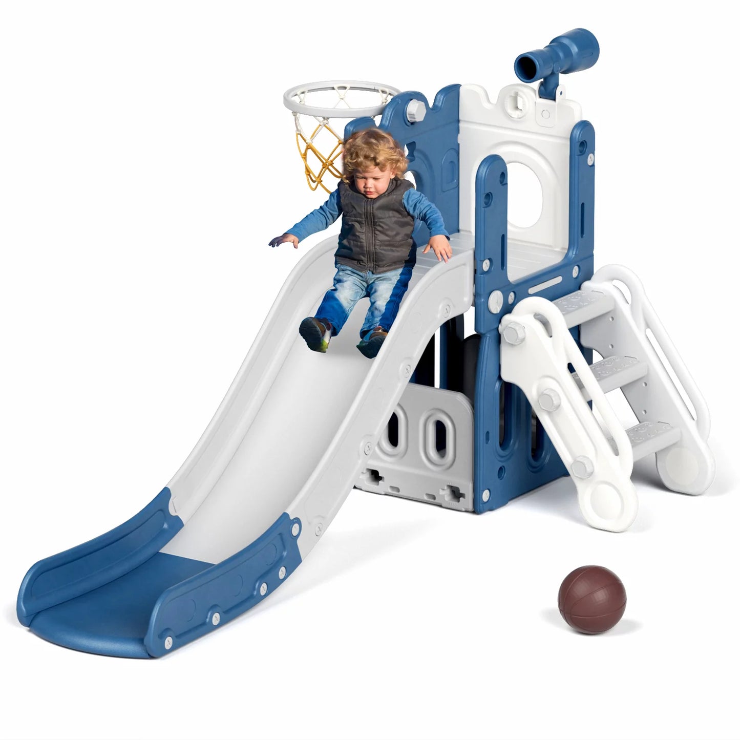 Toddler Slide Set, Kids Slide with Basketball Hoop, Baby Climber Playset Outdoor Indoor Slide Toys Age 1-4