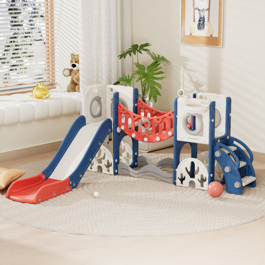 XJD 10 in 1 Toddler Slide Set, Kids Slide for Toddlers, Outdoor Indoor Playground for Toddlers 1-3, Toddler PlaySet with Basketball Hoop, Golf Set, Climbing Arch(Blue Red)