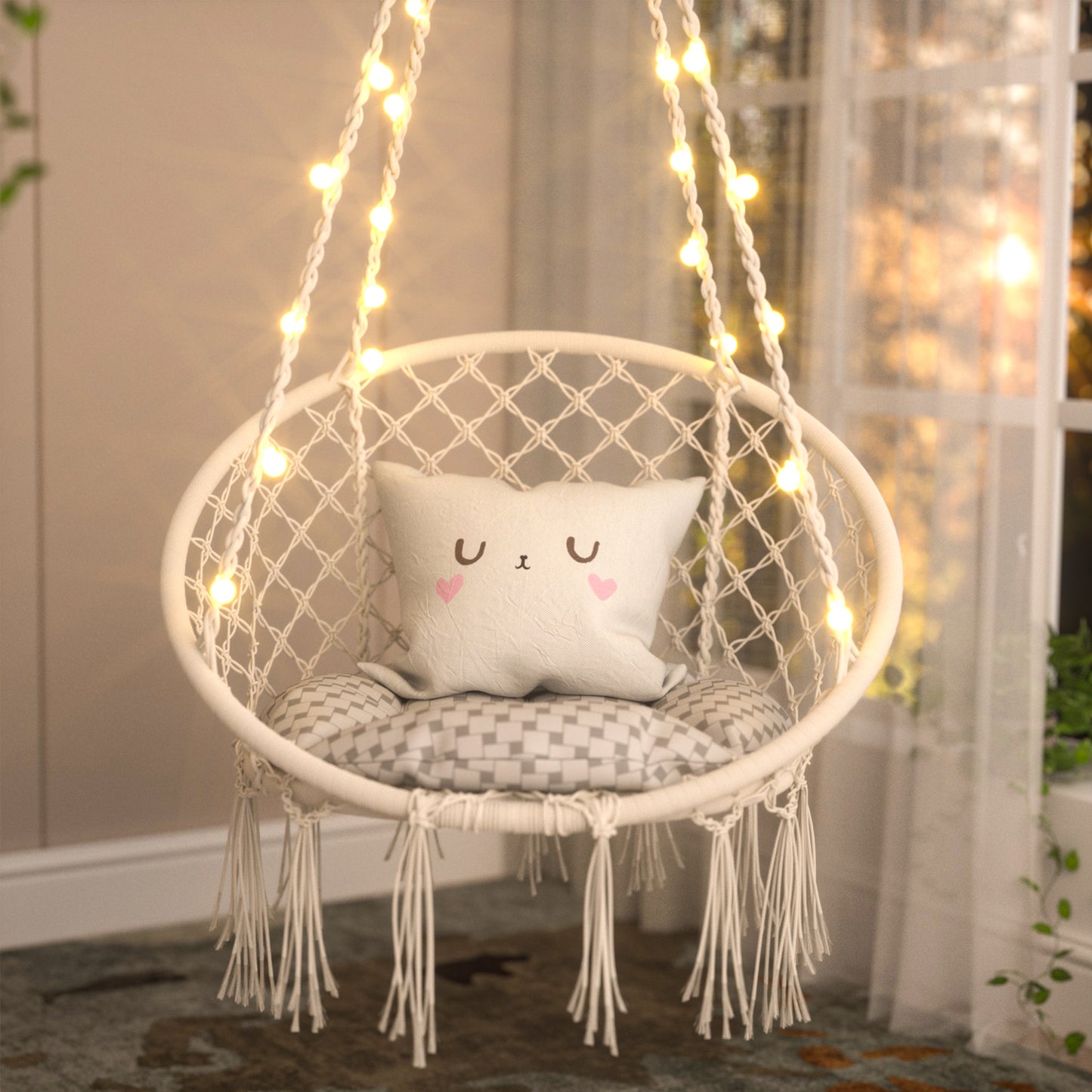 XJD Swing Chair Macrame Hanging Hammock Chair with Lights – Stylish Decorative Premium Cotton Ceiling Boho Chair for Durability- Indoor, Outdoor, Chair, Patio, Porch, Garden, Gifts - Max 330Lbs
