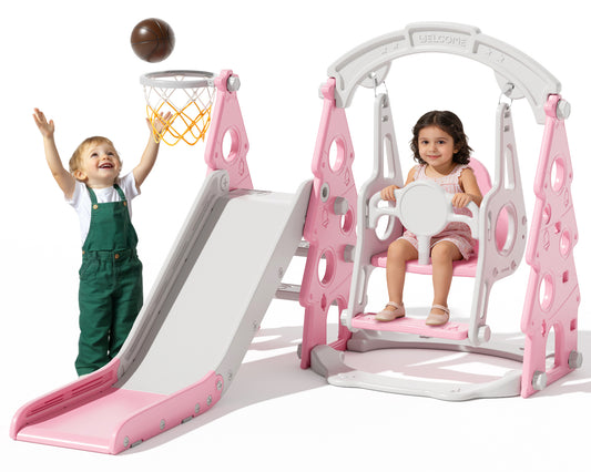 XJD 4-in-1 Toddler Slide and Swing Set, Kids Indoor Outdoor Playset with Basketball Hoop, Backyard Playground for Toddlers 1-3 Years Old