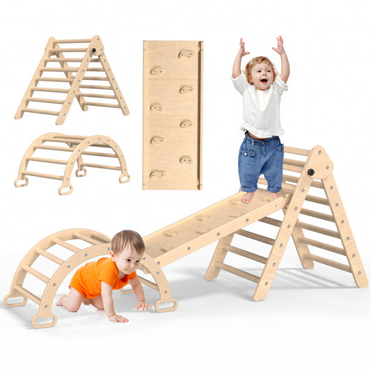 YUFU 3 in 1 Climbing Triangle Ladder with Ramp & Arch Foldable Wooden Triangle Climber Set Montessori Climbing Toys for Kids Ourdoor Indoor Playground Play Gym