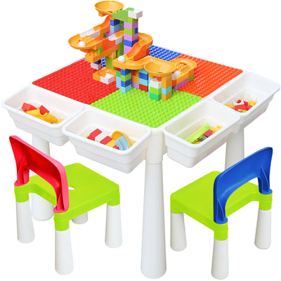 XJD Kids 7-in-1 Multi Activity Table Set - Building Block Table with Storage - Play Table Includes 2 Chairs and 100 Pieces Marble Run Building Blocks for Ages 1 and Up (Primary Color)