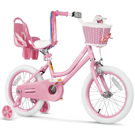 XJD Girls Bike for Toddlers 6-9 Years Old Kids, 16 Inch Kids Bike with Training Wheels, Streamers, Basket and Doll Seat, Children Bicycles with Handbrake