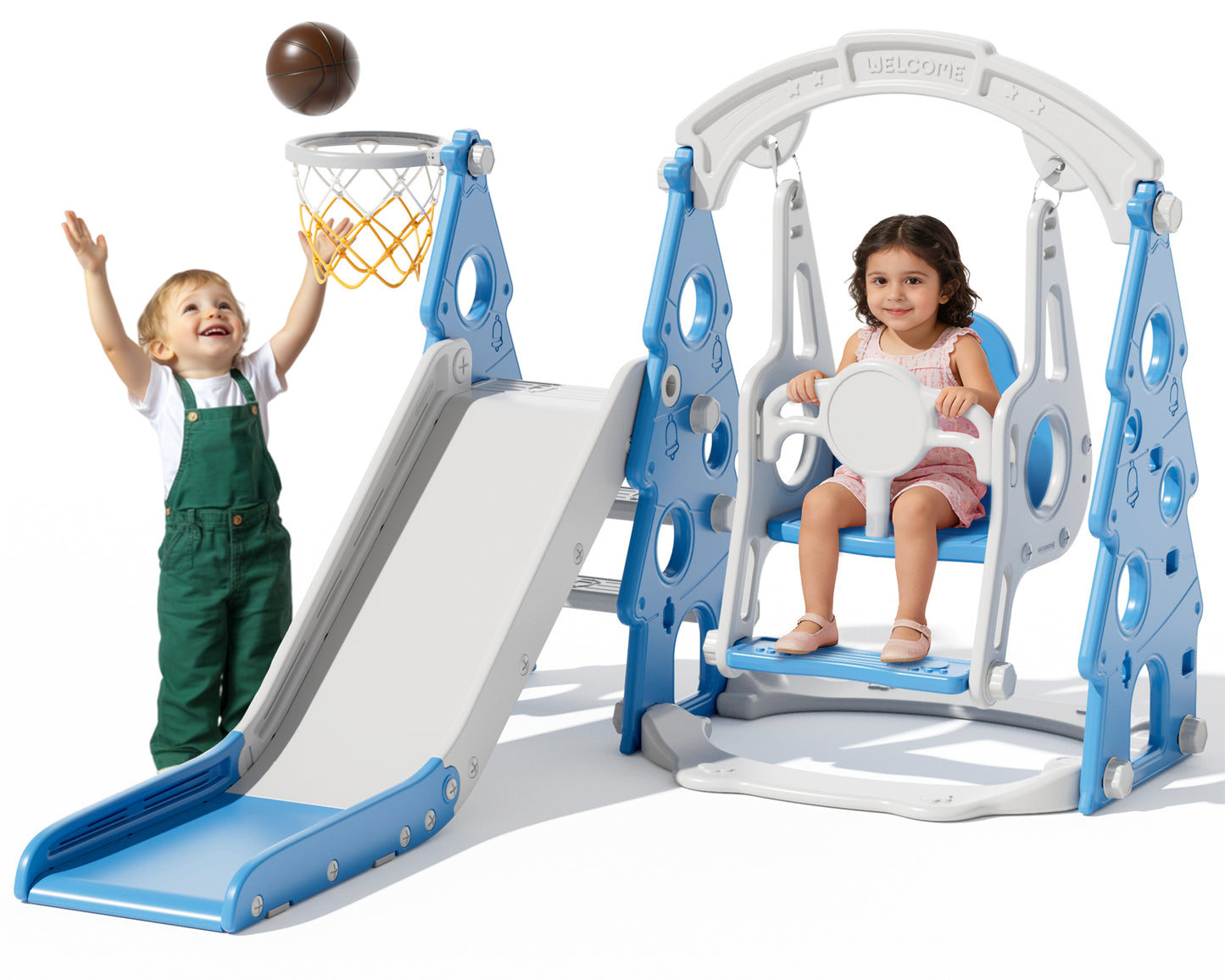XJD 4-in-1 Toddler Slide and Swing Set, Kids Indoor Outdoor Playset with Basketball Hoop, Backyard Playground for Toddlers 1-3 Years Old