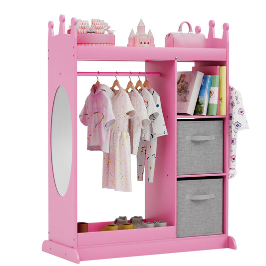 XJD Kids Dress up Storage with Mirror, 2 Storage Bins & Cloth Hanger, Kids Play Armoire Dresser Pretend Storage Closet for Bedroom, Kids Room, Playroom (Pink)