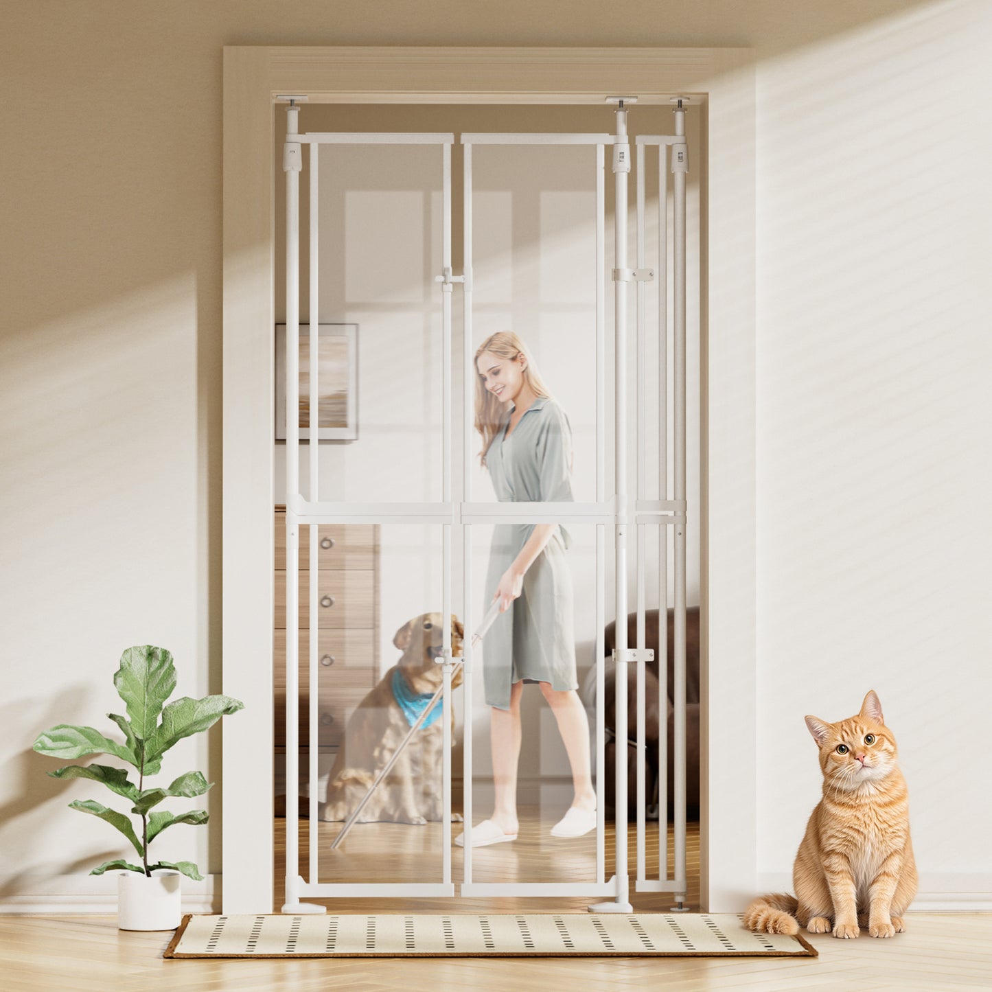 XJD 74-98" Extra Tall Cat Gate, 33.86-41.34, Transparent Double Doors, No Drilling Pressure Mount Pet Gate for Doorways/Stairs/Kitchen/Home, Auto Close, White