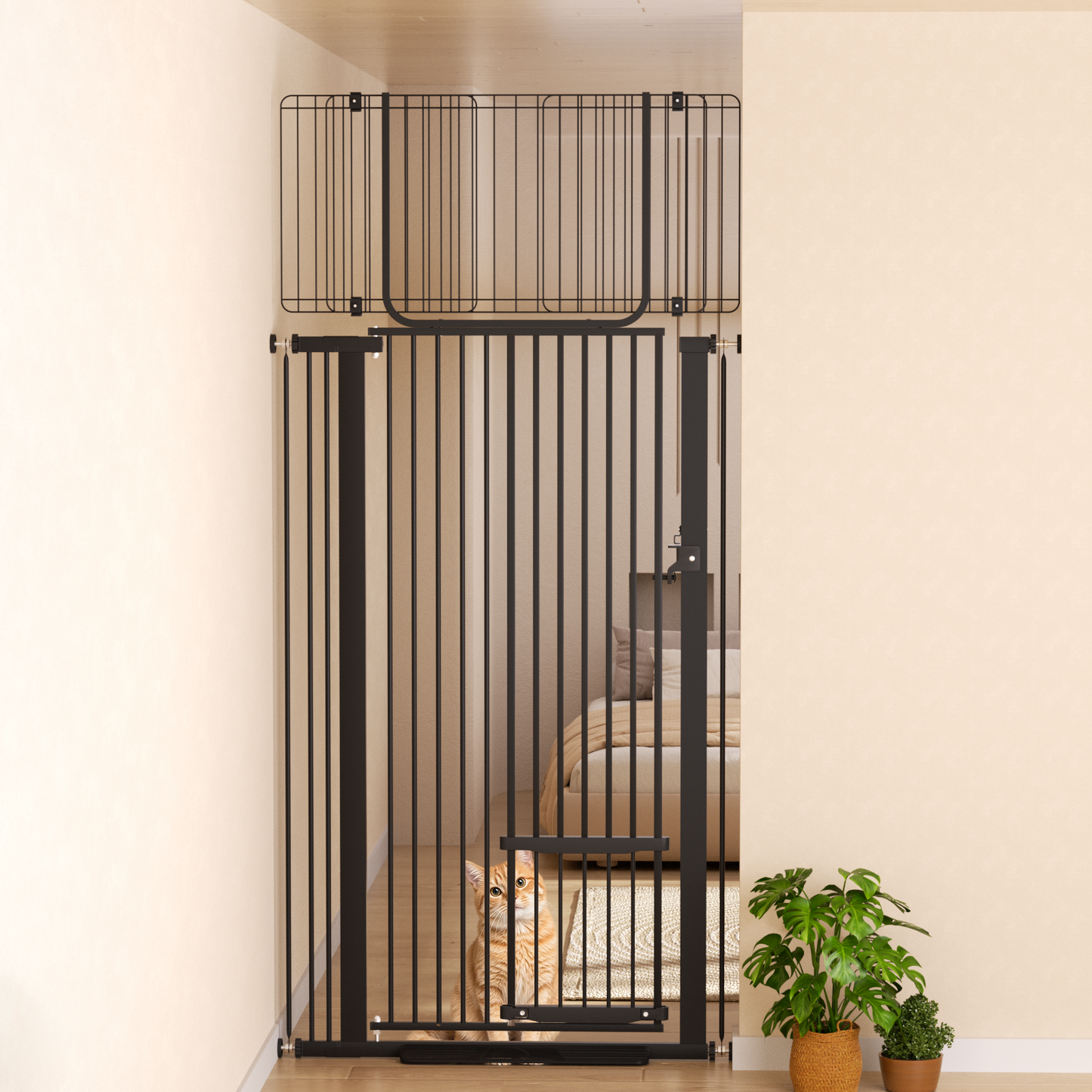 55.1" Extra Tall Cat Gate, Fits 29.5-37.4" Wide Openings, with Cat Door, Pressure Mounted Pet Gate for Stairs, Doorways, Kitchen, White