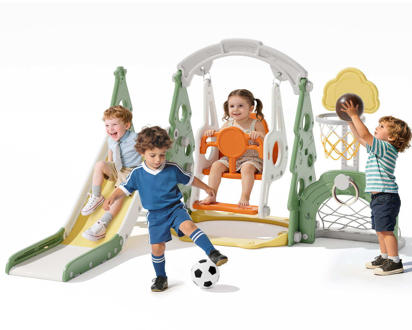 XJD 4-in-1 Toddler Slide and Swing Set, Kids Indoor Outdoor Playset with Basketball Hoop, Backyard Playground for Toddlers 1-3 Years Old