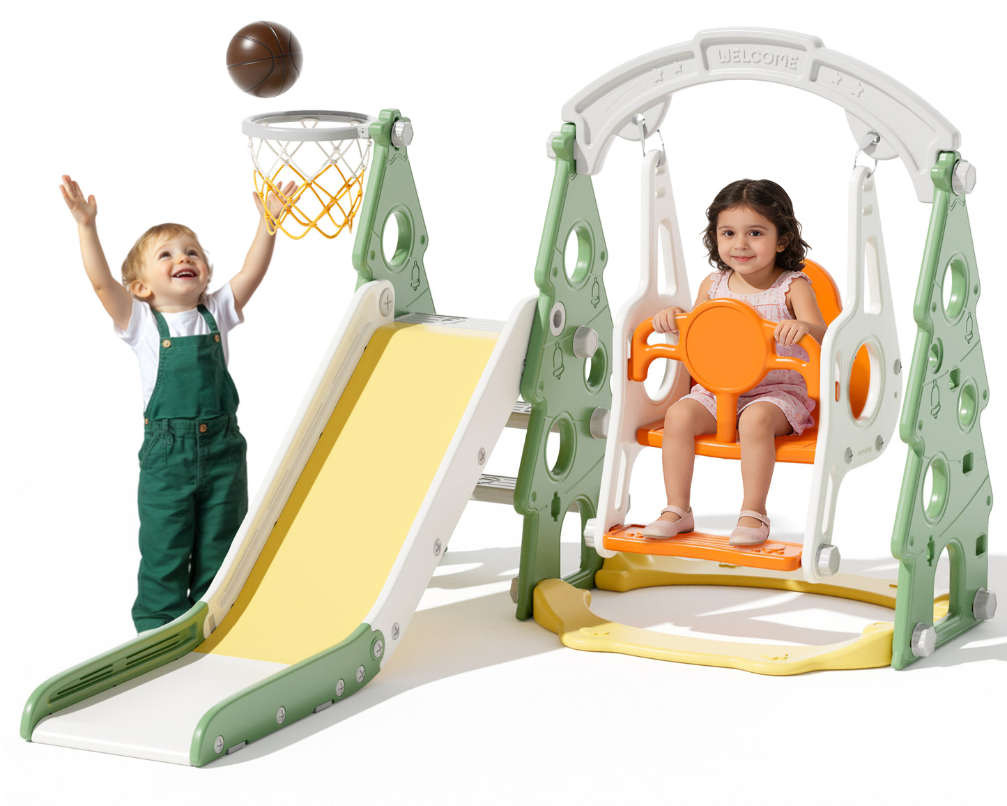XJD 4-in-1 Toddler Slide and Swing Set, Kids Indoor Outdoor Playset with Basketball Hoop, Backyard Playground for Toddlers 1-3 Years Old