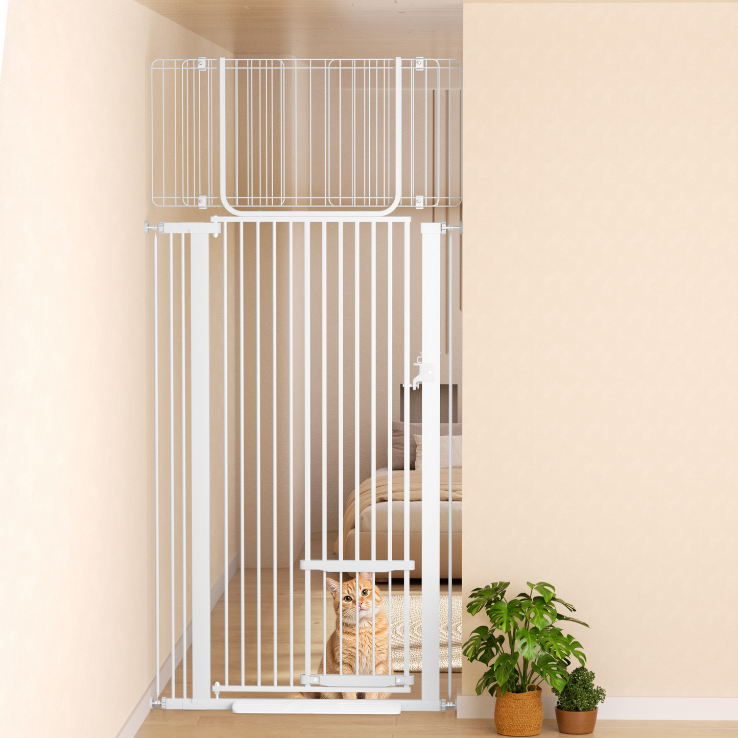 55.1" Extra Tall Cat Gate, Fits 29.5-37.4" Wide Openings, with Cat Door, Pressure Mounted Pet Gate for Stairs, Doorways, Kitchen, White