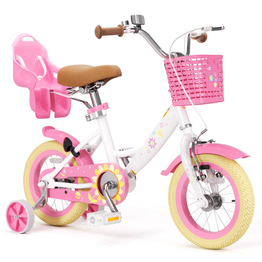 Girls Bike for 2-8 Years Old Kids, 12 14 16 Inch Kids Bike with Training Wheels, Basket and Doll Seat, Children Bicycles with Handbrake & Kickstand, Pink