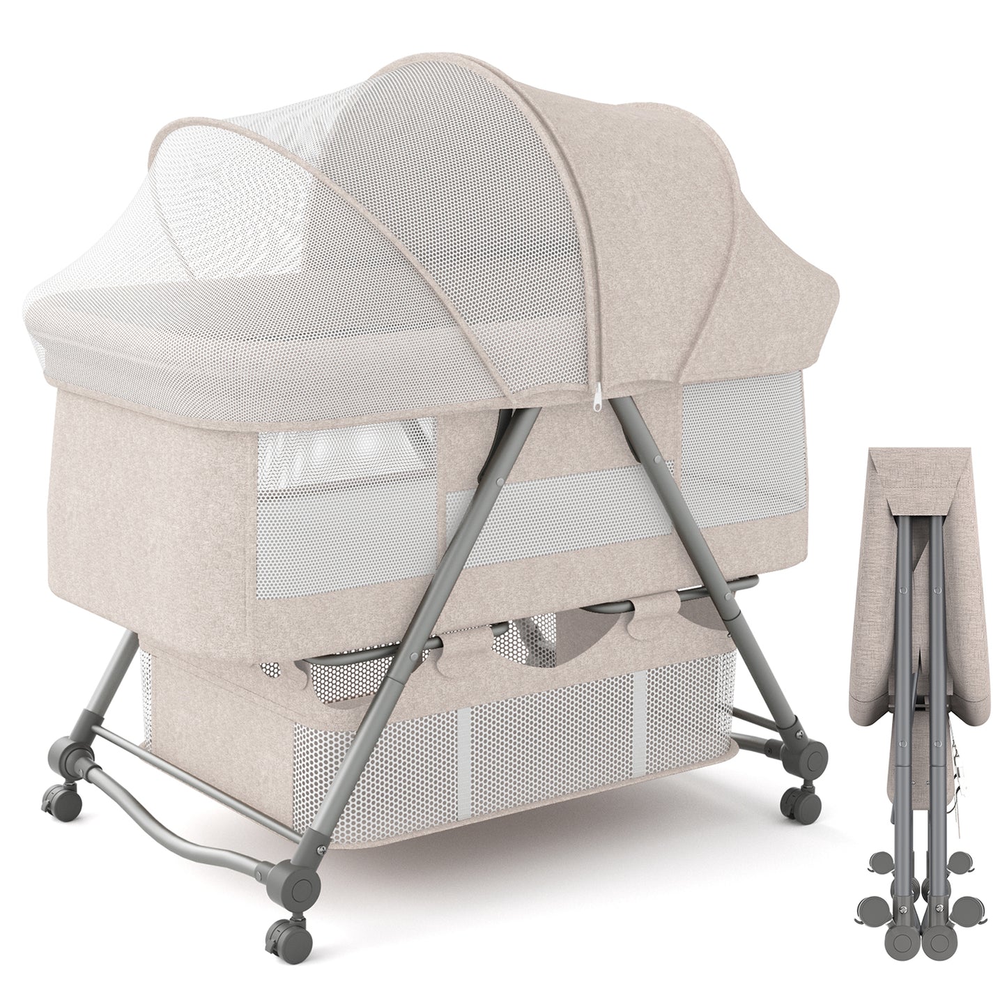 XJD Baby Bassinets Bedside Sleeper Portable Baby Crib for Toddler with Storage Basket Easy Folding Bedside Crib with Breathable Mattress Adjustable Height for Newborn Infant Baby Boy Baby Girl, Beige