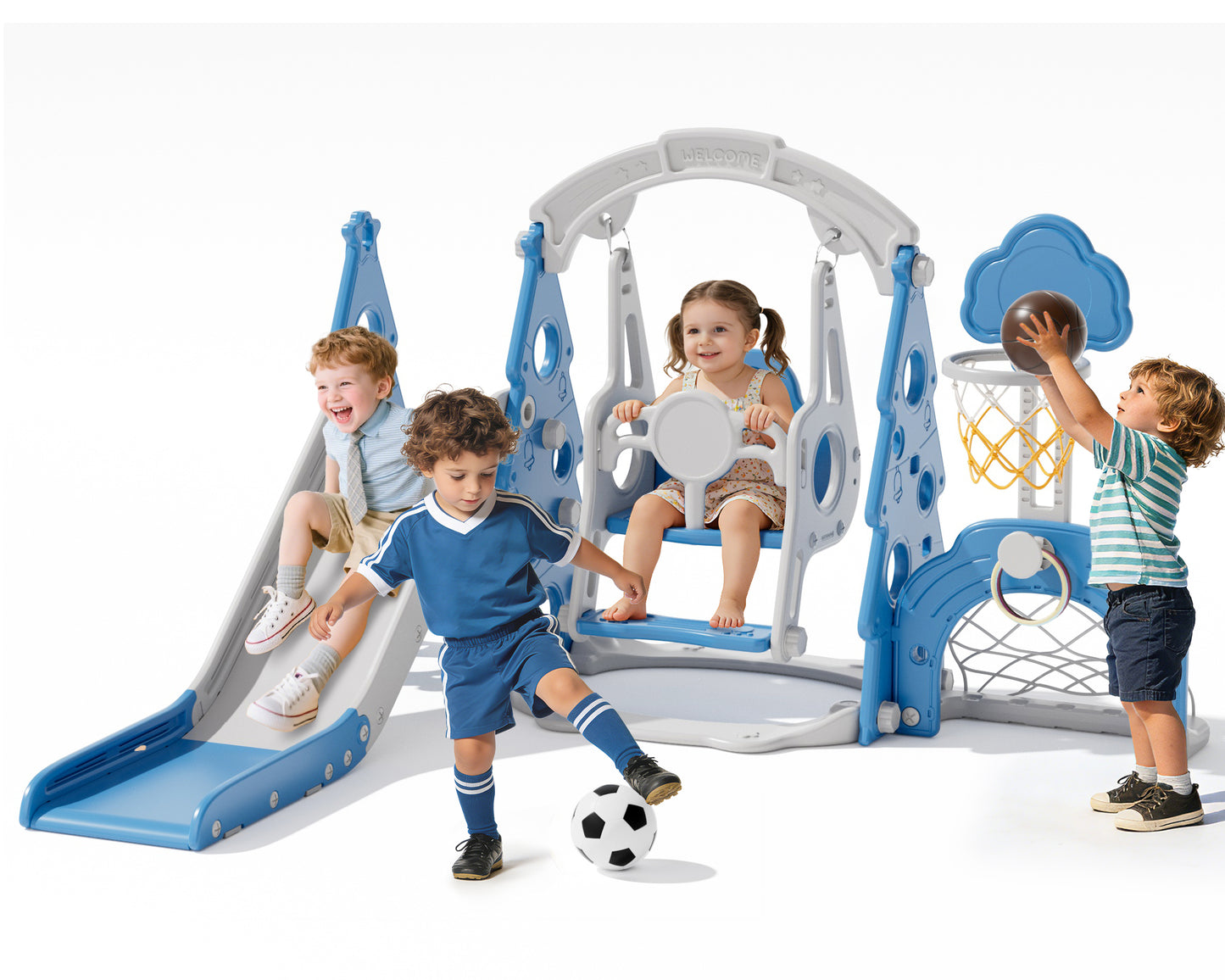 XJD 4-in-1 Toddler Slide and Swing Set, Kids Indoor Outdoor Playset with Basketball Hoop, Backyard Playground for Toddlers 1-3 Years Old