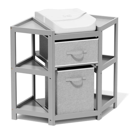 XJD Baby Corner Changing Table Diaper Changing Station with Storage Drawers with Laundry Hamper, Storage Bin, and Contoured Pad for Baby - White