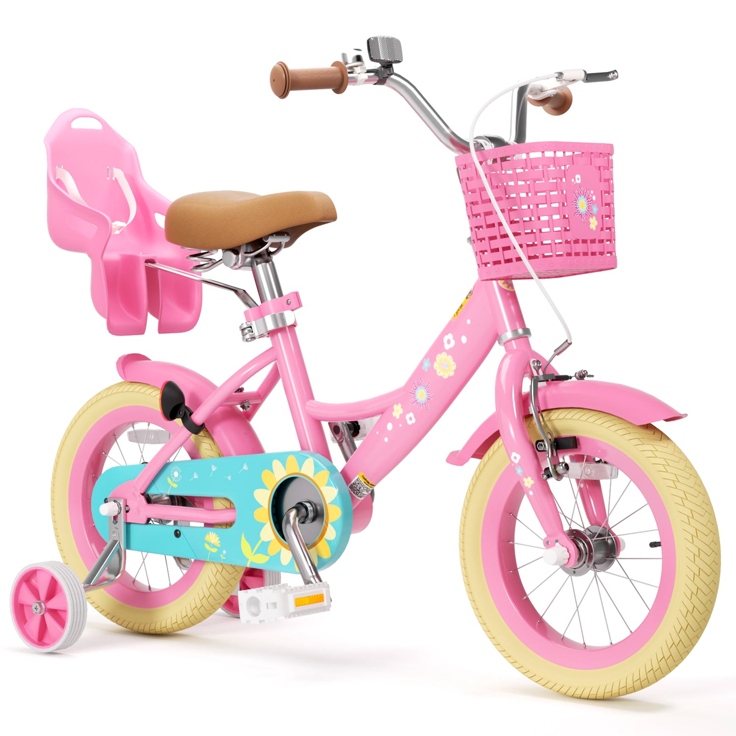 Girls Bike for 2-8 Years Old Kids, 12 14 16 Inch Kids Bike with Training Wheels, Basket and Doll Seat, Children Bicycles with Handbrake & Kickstand, Pink