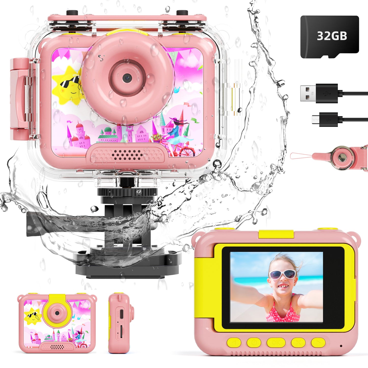 XJD Kids Digital Camera Waterproof, Birthday Gifts for Girls Age 3-9, 180 Rotatable 1080P HD Digital Action Cameras , Girl Gift Camera with 32GB SD Card - Pink