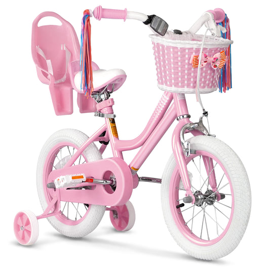 XJD Girls Bike for Toddlers 4-8 Years Old Kids, 14 Inch Kids Bike with Training Wheels, Streamers, Basket and Doll Seat, Children Bicycles with Handbrake