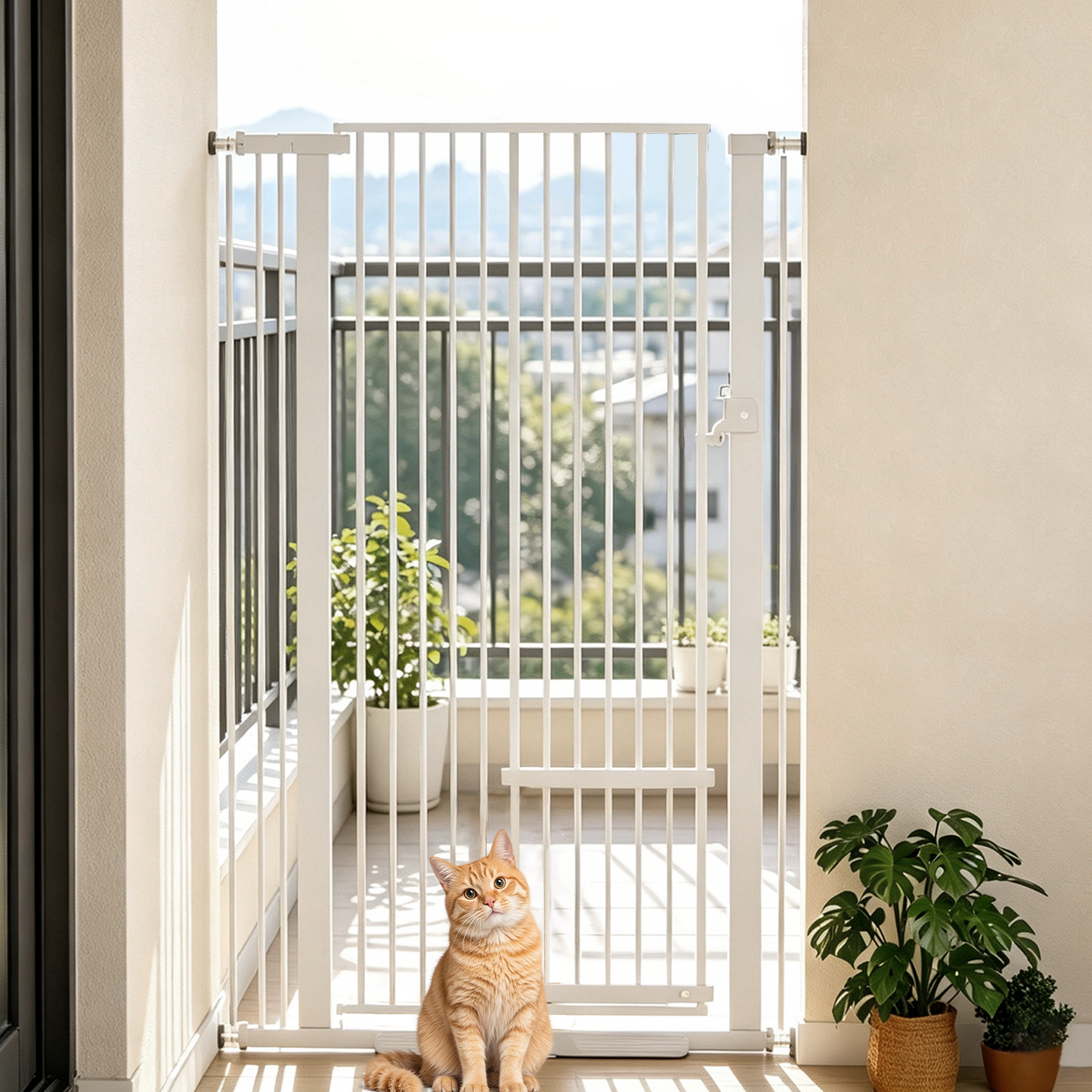 55.1" Extra Tall Cat Gate, Fits 29.5-37.4" Wide Openings, with Cat Door, Pressure Mounted Pet Gate for Stairs, Doorways, Kitchen, White