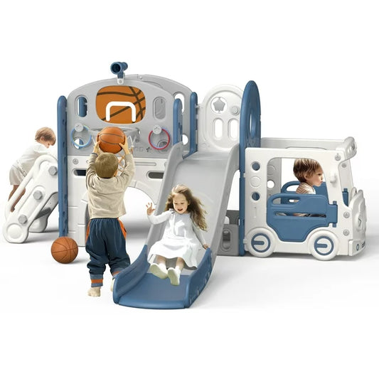 YUFU 10 in 1 Toddler Slide, Kid Slide for Toddlers Age 1+ with Ring Toss, Basketball Hoop and Bus Play House, Indoor Outdoor Slide Toddler Playset Toddler Playground, Blue Gray